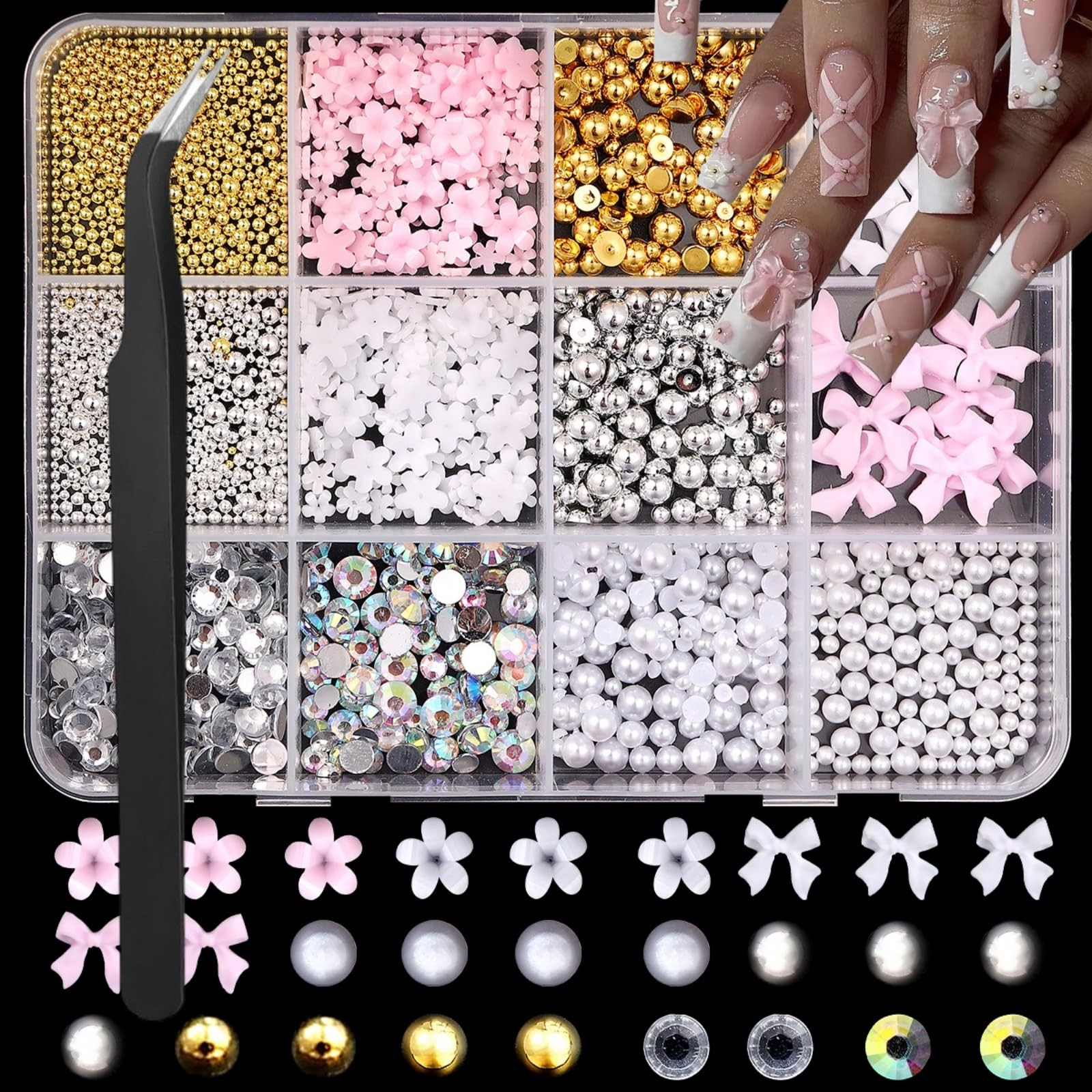 1 12 Styles Flower Petal Nail Charms 3D Resin Pink Bow Nail Gems Cute Silver …