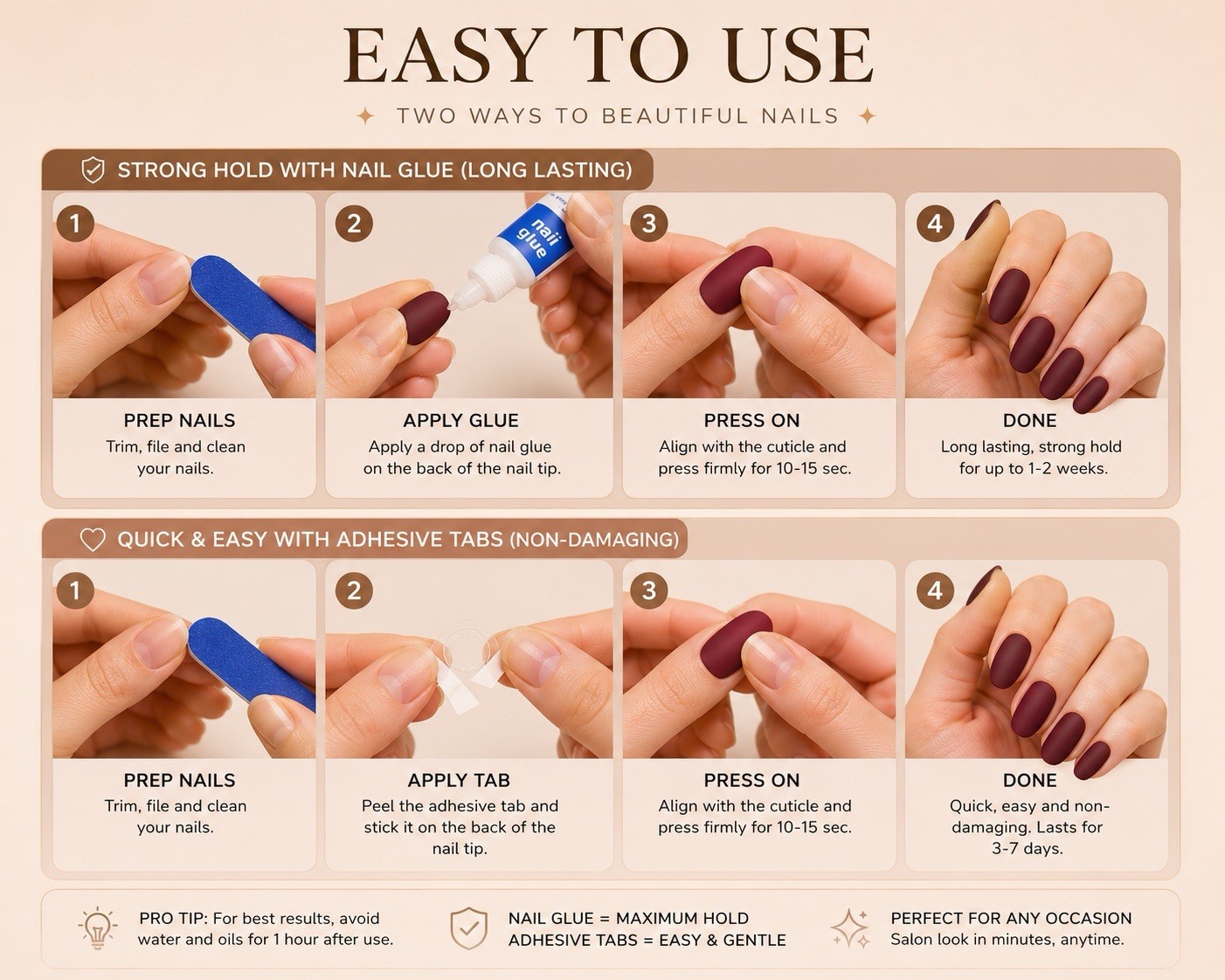 Matte Press On Nails Short Almond 96PCS Brown Burgundy Red Full Kit Reusable