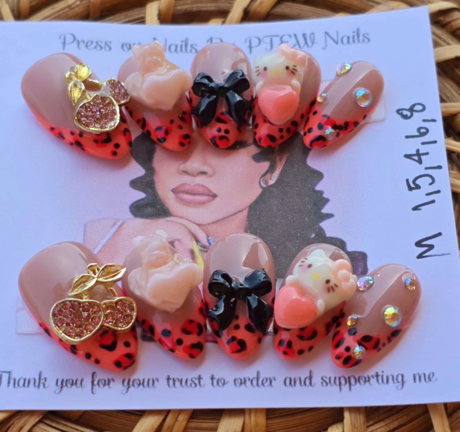 Handmade Press On Nails,Medium Size 1,5,4,6,8 Medium Long Almond
