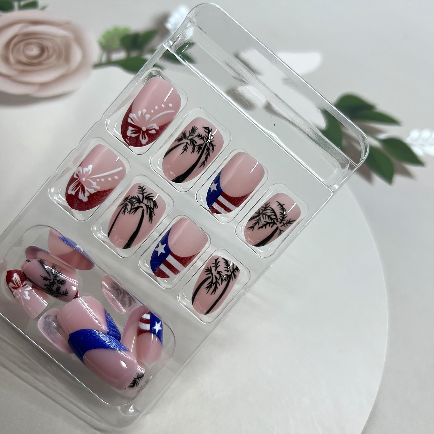 4th of July Press on Nails Tropical Palm Tree Flower Red White Blue Patriotic…