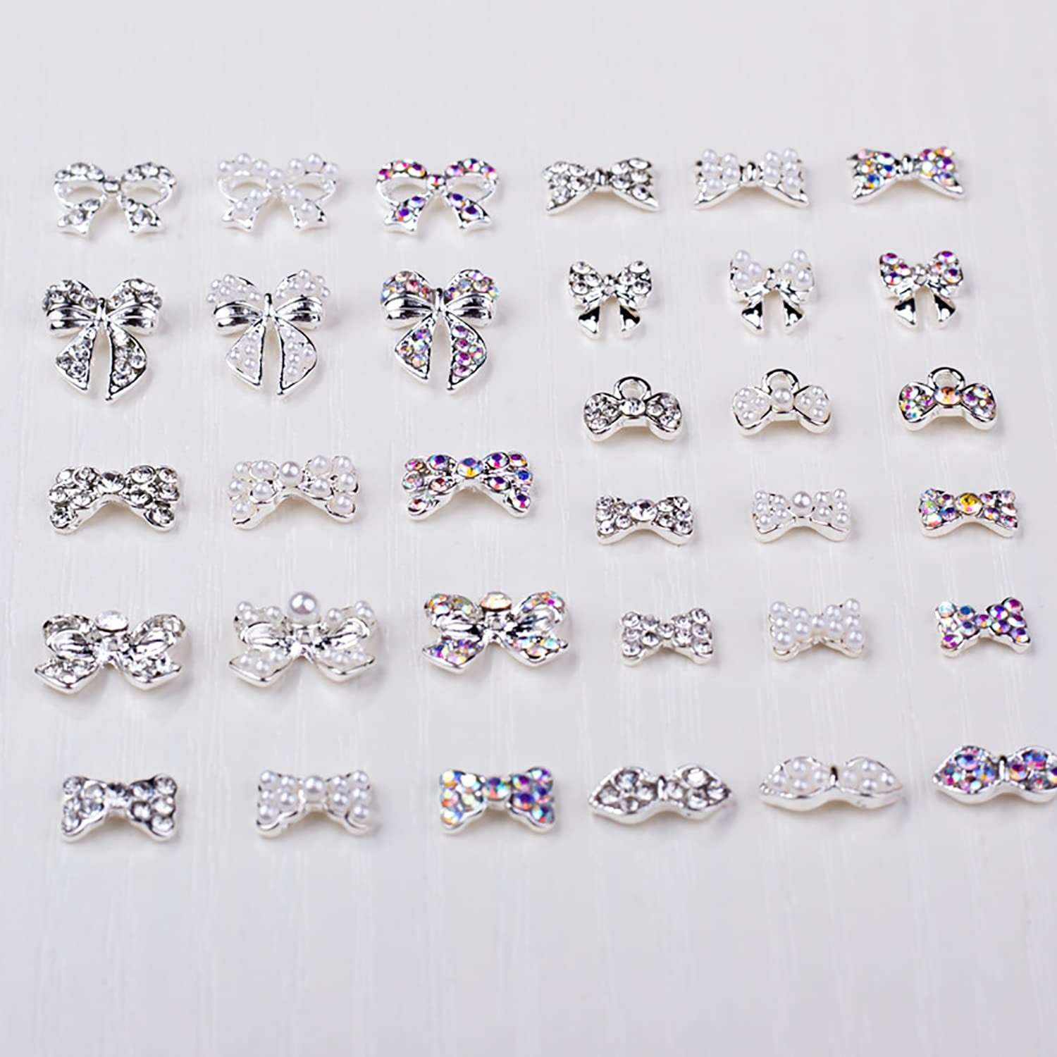 33 Pcs Silver Bow Nail Charms, Pearl Rhinestone 3D Bowknot Nail Art