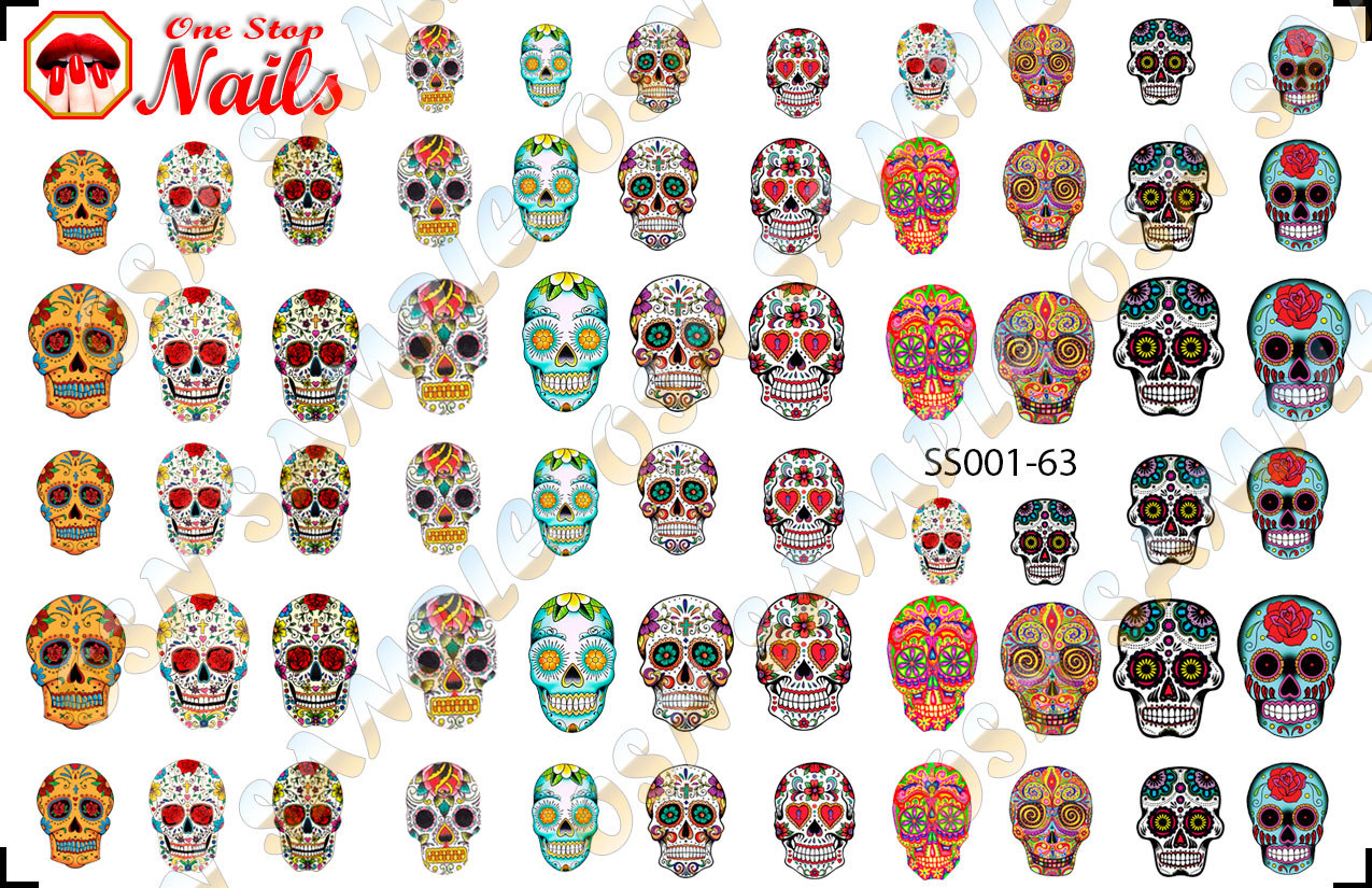 63 Sugar Skull Nail Art Stickers Transfers Decals Tattoo, Dia de los Muertos SS1