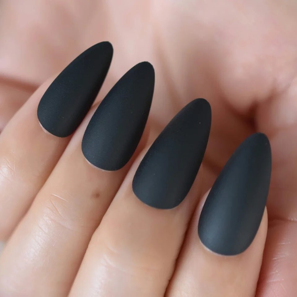 24 Vampy medium Matte Black Press on nails Stiletto witchy goth alt glue on Dark