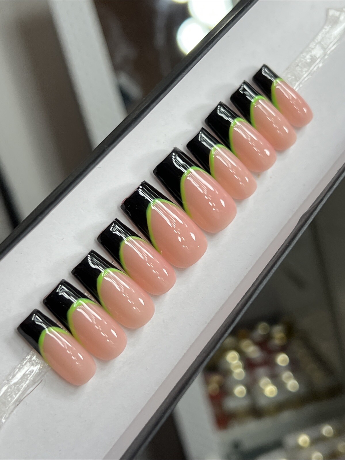 💚🖤 CUSTOM Press On Nails FRENCH BLACK GREEN BLING 10p SET W Kit