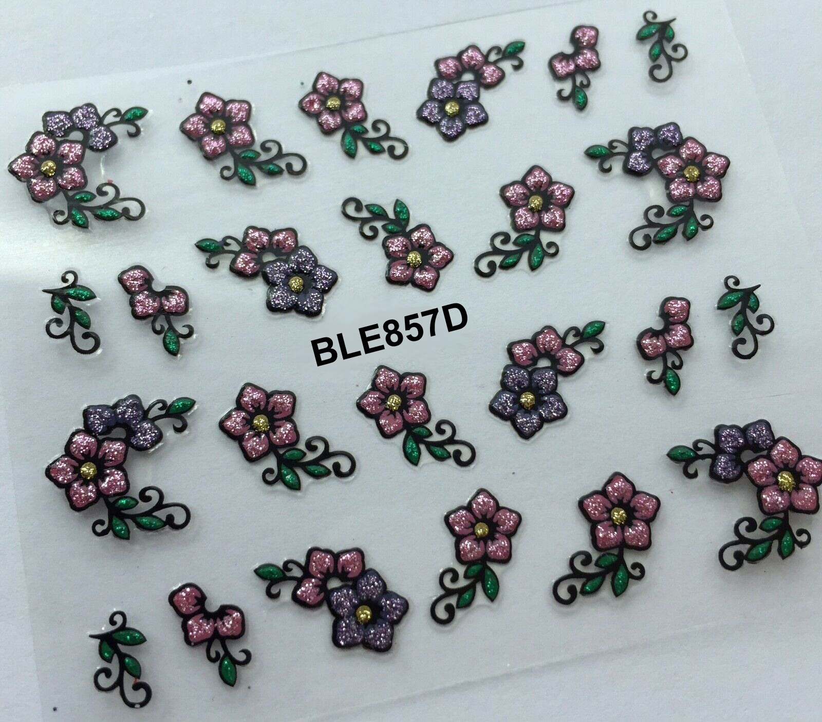Nail Art 3D Decal Stickers Pink Green Flowers Glitter BLE857D