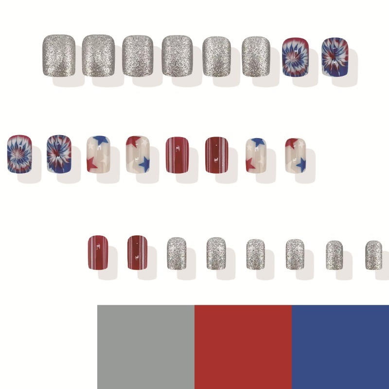 48pcs-USA Tie Dye Star Press on Nails Square Nail Art Set Reusable Handmade