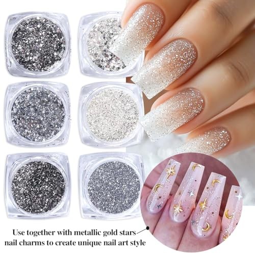 3D Metal Stars Nail Charms and Nail Art Glitter Flakes,Mixed Gold/Silver/White