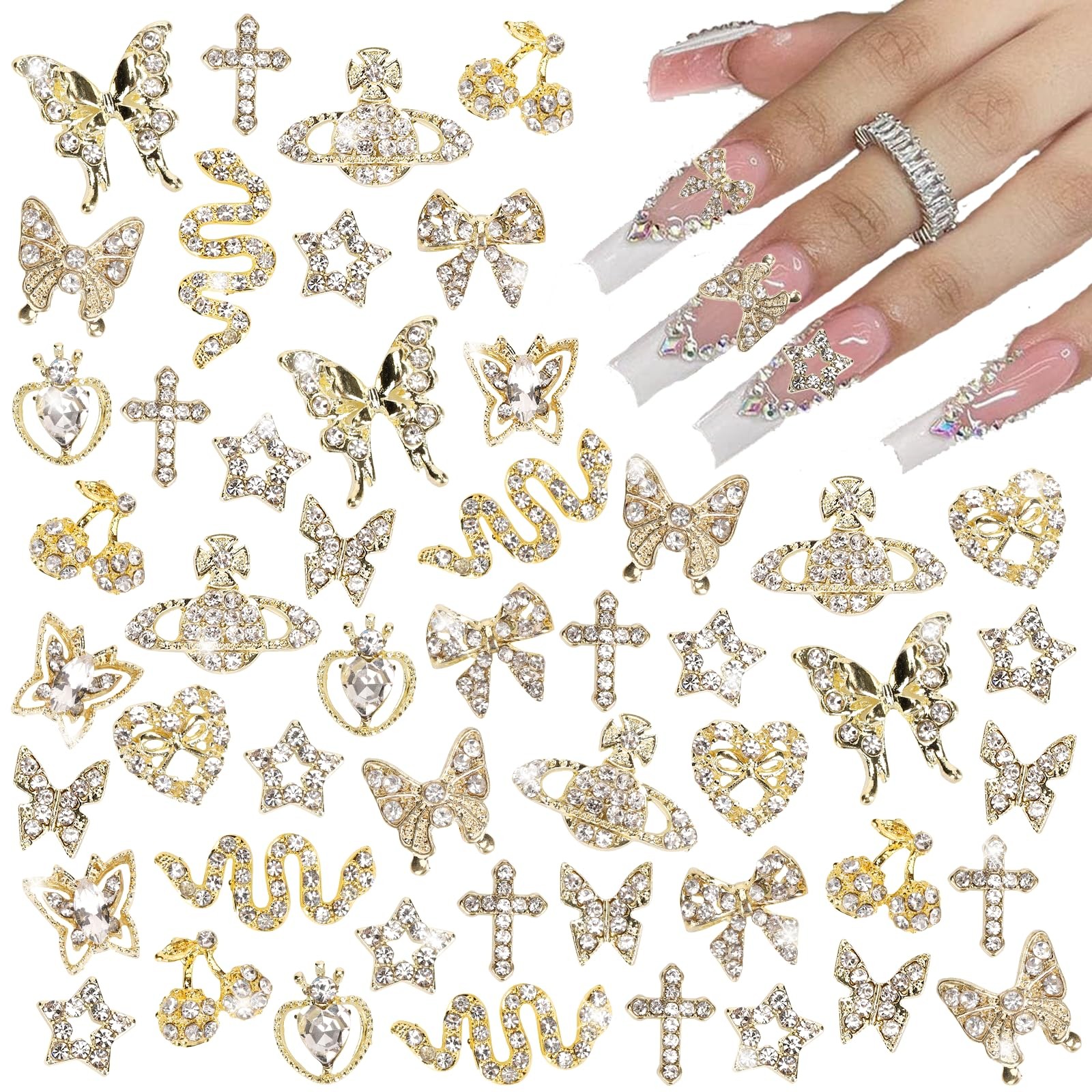 24PCS Y2K Nail Charms – 3D Alloy Heart, Bow, Butterfly & Cherry Rhinestone