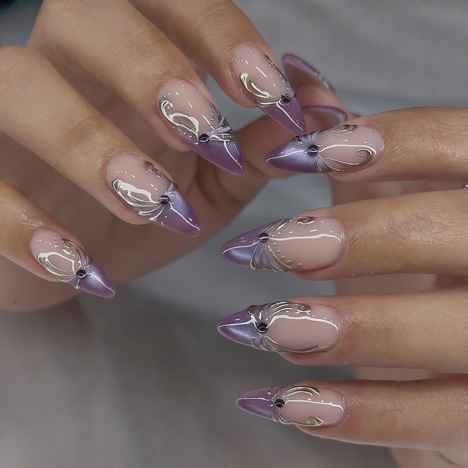 Handmade Purple Chrome Silver Line Rhinestone Long Stiletto Press on Nails Set