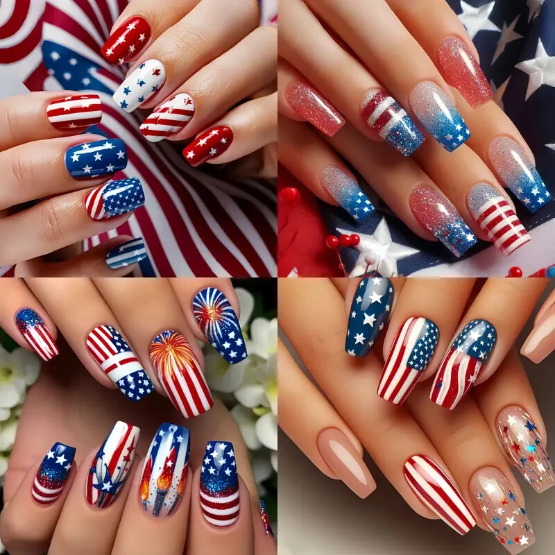 96pcs American Independence Day Press-On Nail Set, Glossy Finish, Medium/Long