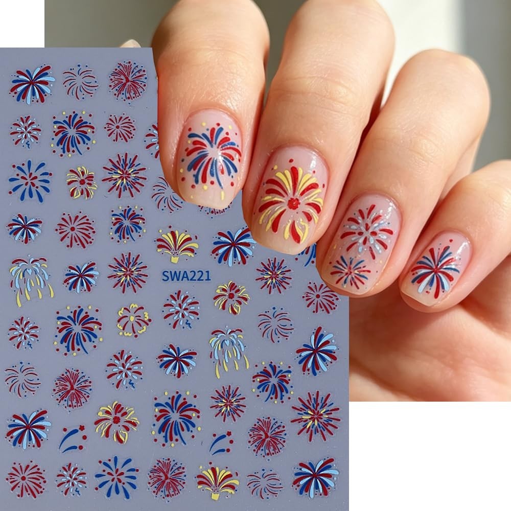 4th of July Fireworks Nail Stickers, Independence Day Nail Decals Blue Red Co…