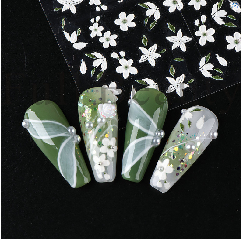 5D Embossed Camellia Nail Stickers White Petals Leaf Relief Design Sliders