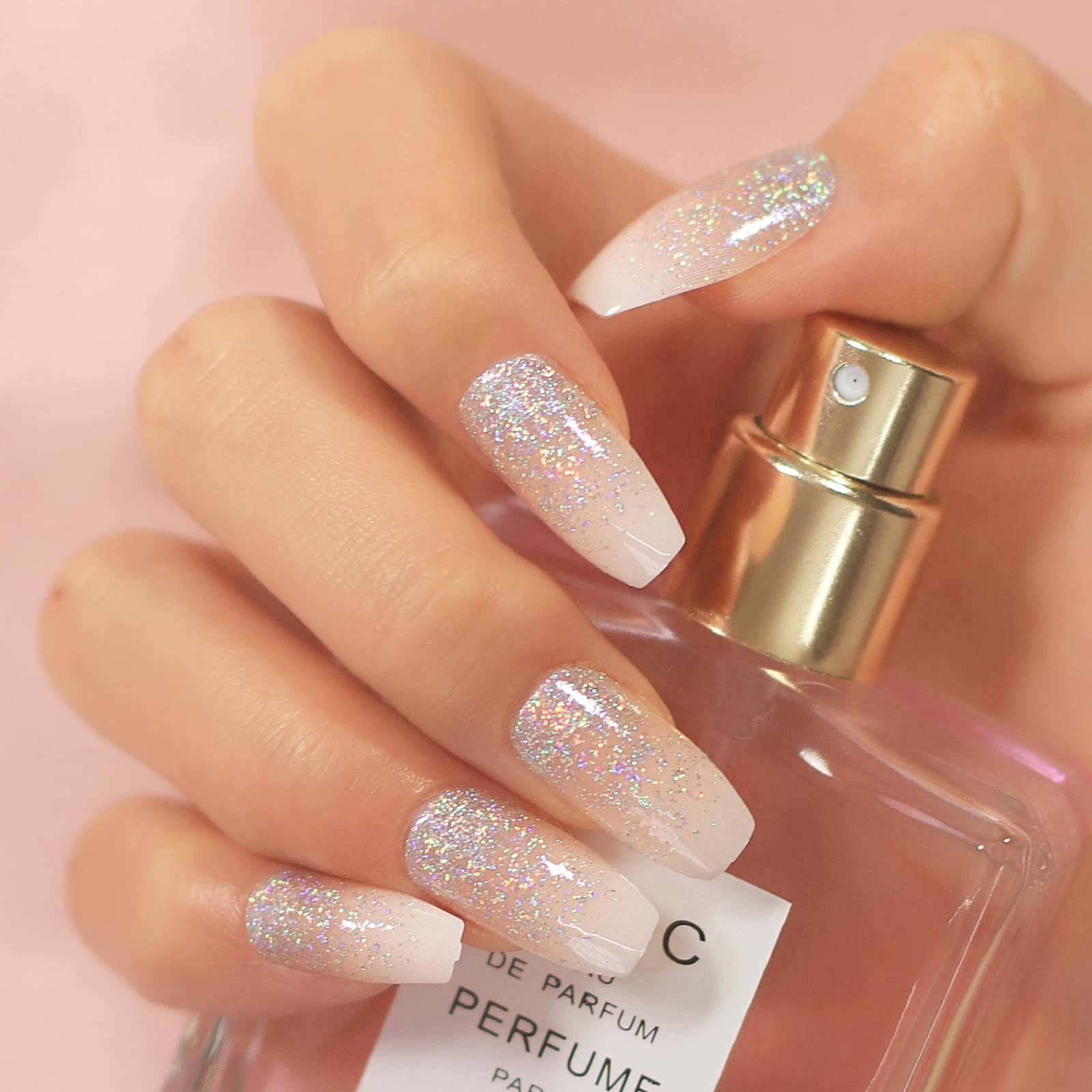 Glossy Nude Pink Gradient Press on Nails, Medium Length Coffin False Nails, B…