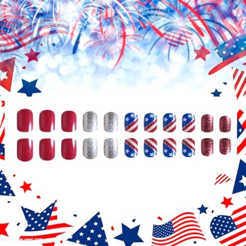 4th of July Press on Nails Short Fake Nails Red Blue White American USA Flag 1