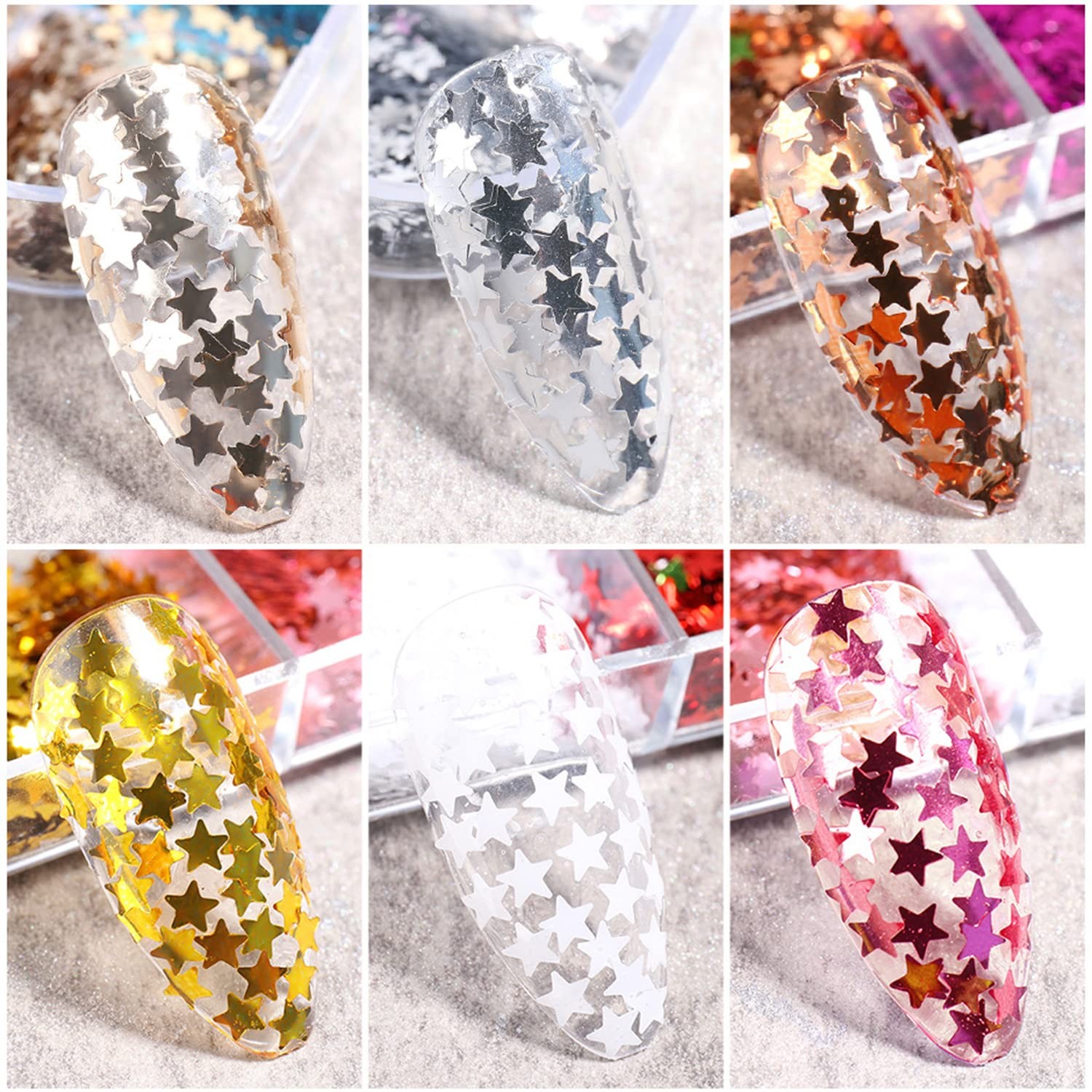 Stars Sequins, 3D Sparkly Five-Pointed Star Nail Flakes, 12 Color Star Nail A…