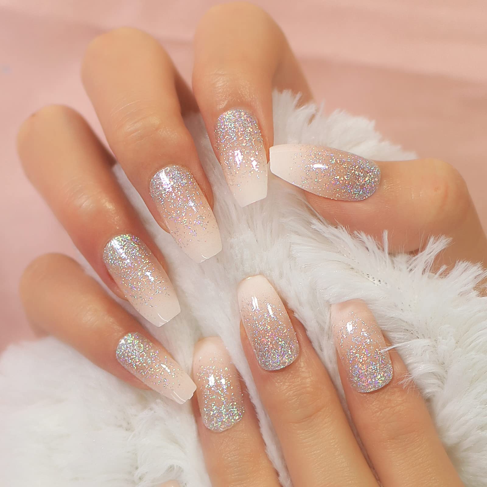 Glossy Nude Pink Gradient Press on Nails, Medium Length Coffin False Nails, B…
