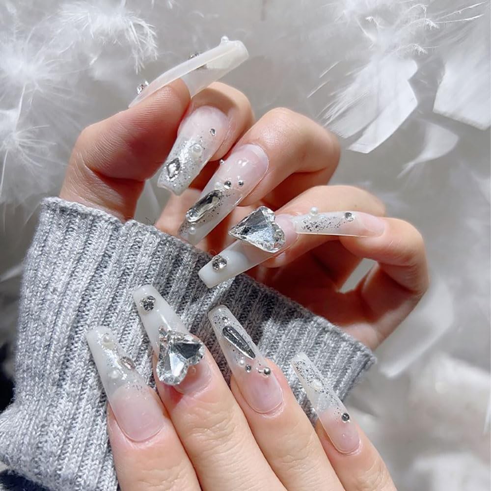 48Pcs Clear White 3D Nail Rhinestones Charms, Heart Butterfly Star Flower
