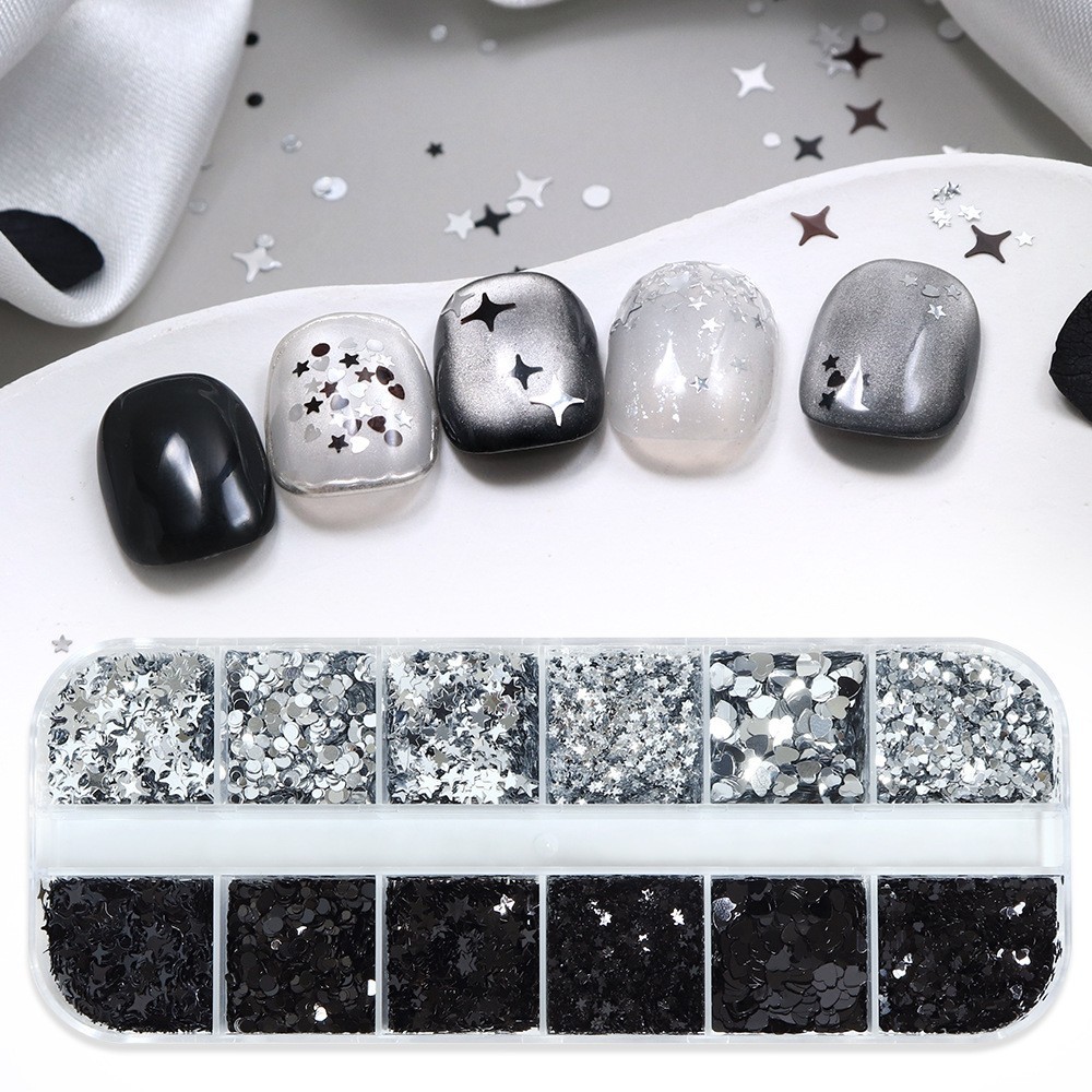 Mixed Size 1/2/3MM Silver Black Nail Glitter Sequins Heart Star Flakes for Nails