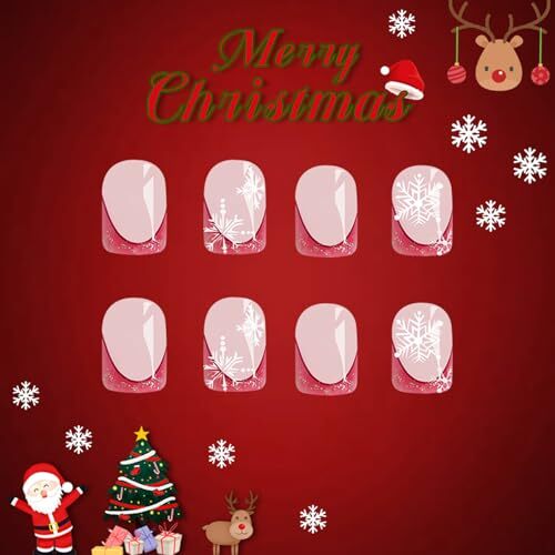 Christmas White Snowflake Press on Nails Short Square Christmas Design 1057