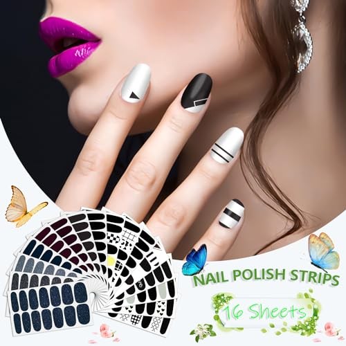 16 Sheets Black Nail Wraps Stick on Nail Polish Strips Gel Nail Black Color