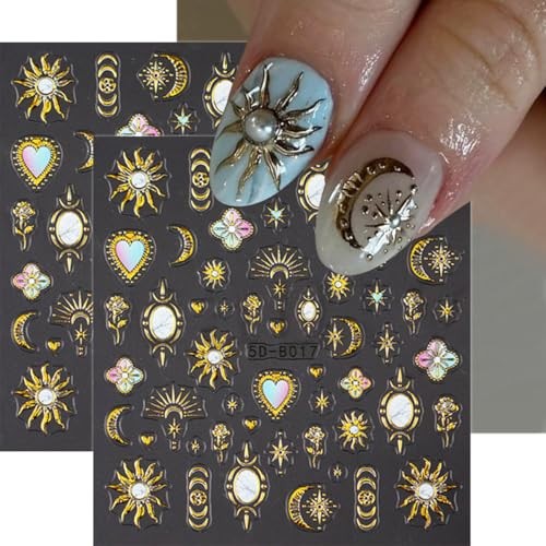 Gold Nail Stickers 5D Sun Moon Heart Nail Decals 2PCS 3D Self Gold Style
