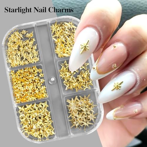 3D Metal Stars Nail Charms and Nail Art Glitter Flakes,Mixed Gold/Silver/White