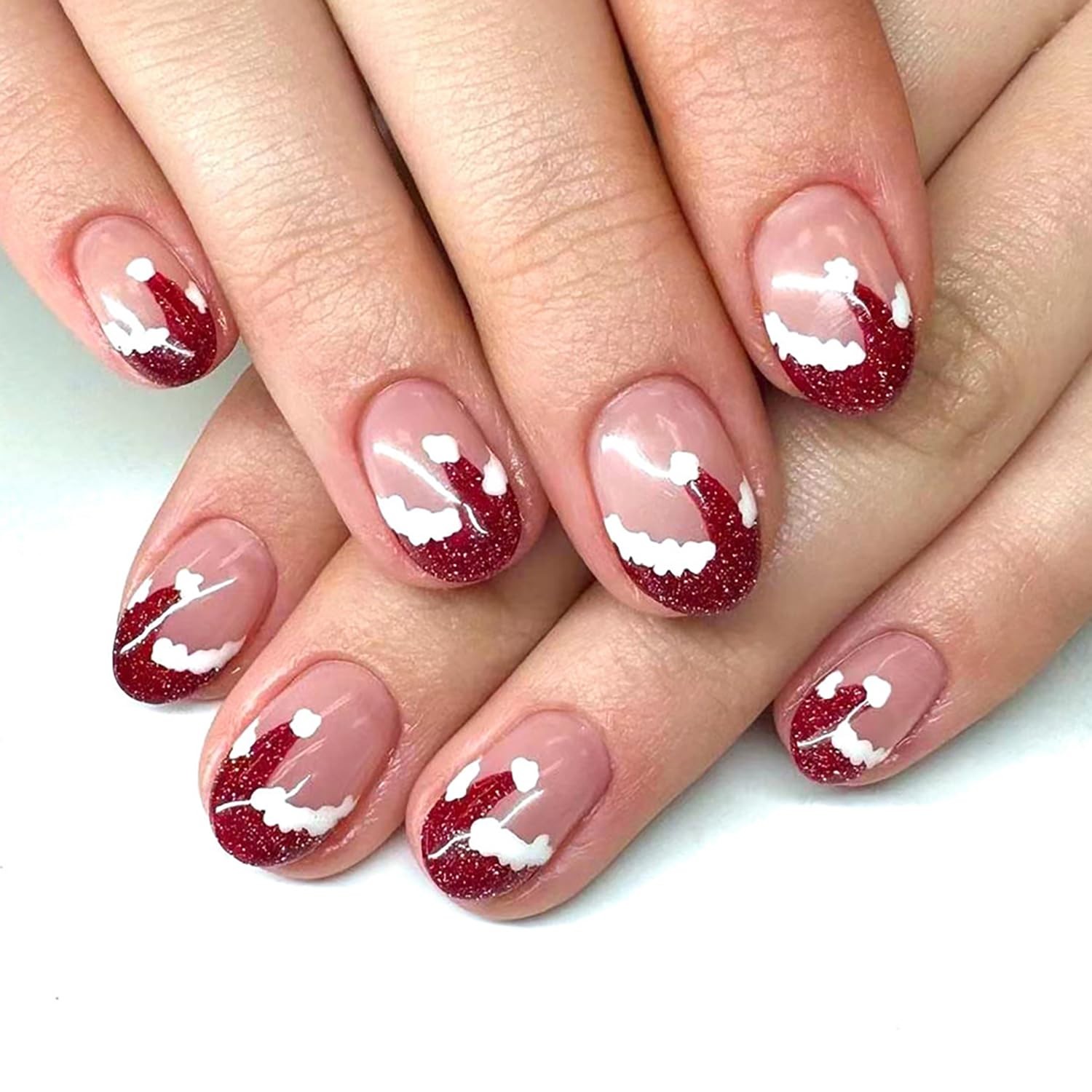 Christmas Press On Nails – Short Oval Nude Pink False Nails With Red Tip Desi…