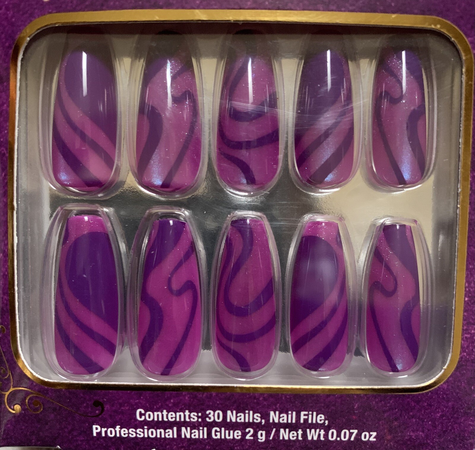 NEW Salon Perfect WONKA~PURPLE SWIRL Limited Edition 30ct Glue-On Faux Nail Set