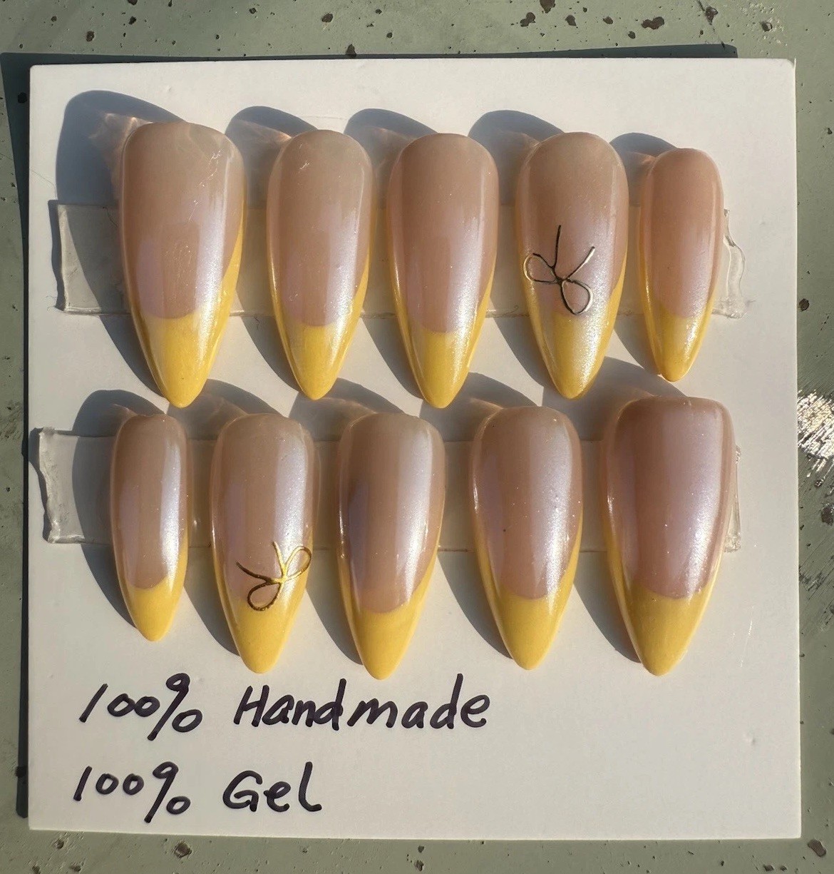 Handmade 10ps gel Press on Nails,Yellow French tip w chrome size Medium