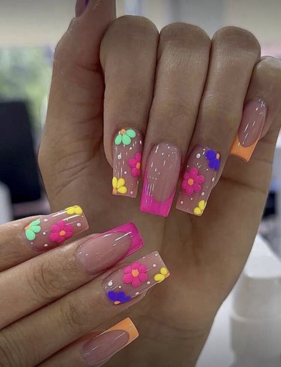 24 Press-On Nail Kit | Neon French Tips Pink, Yellow, Blue, Orange Coffin Nails