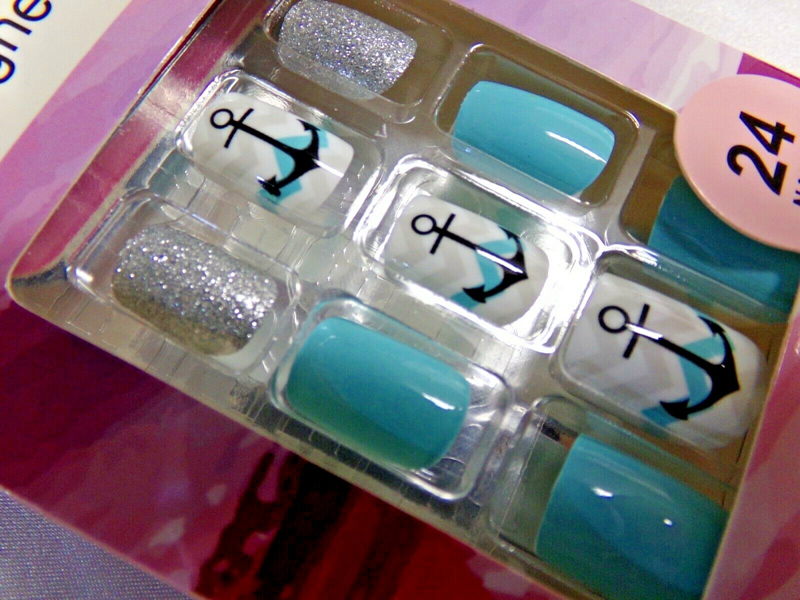 Set Finger & Toe Pretty Secrets Navy Anchors Sailor Aqua Blue Glue on Nail Short