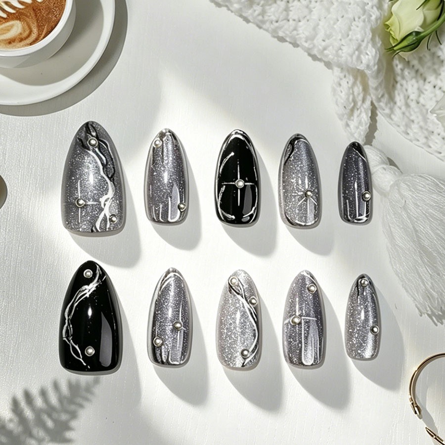 60Pcs-Medium Almond Black Silver Glitter Marble Line Pearl Star Press on Nails