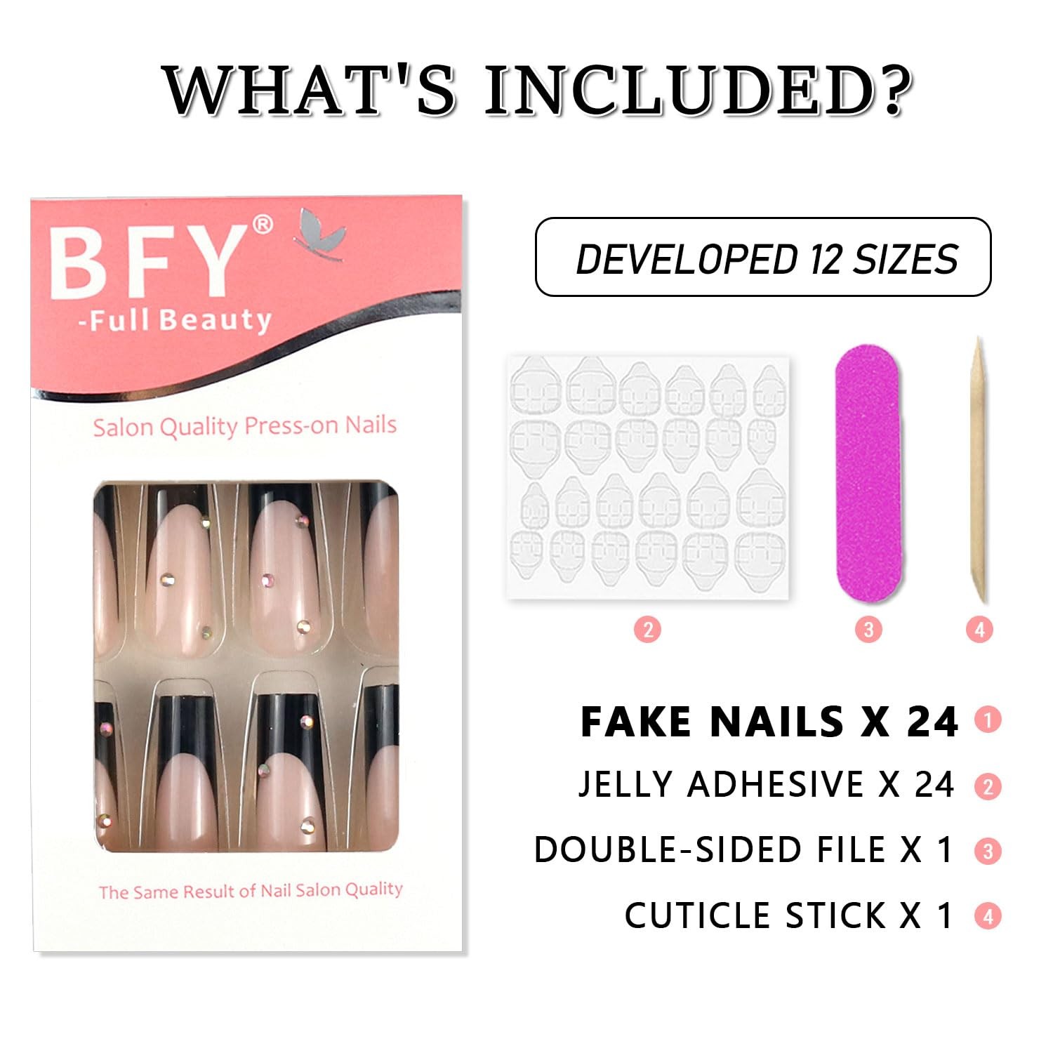 Press on Nails Long Coffin Black French Fake Nails, Rhinestones Acrylic Nails…