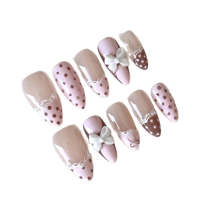 24Pcs Sweet Pink French Press on Nails Brown Polka Dots 3D White Bow Almond Nail