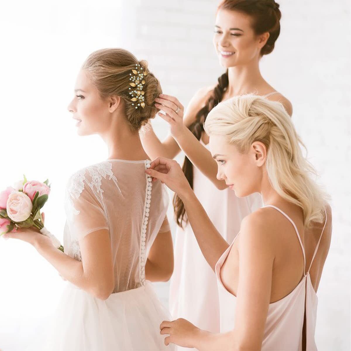 6 Pieces Bridal Wedding Hair Pins Gold Leaf Crystal Pearl