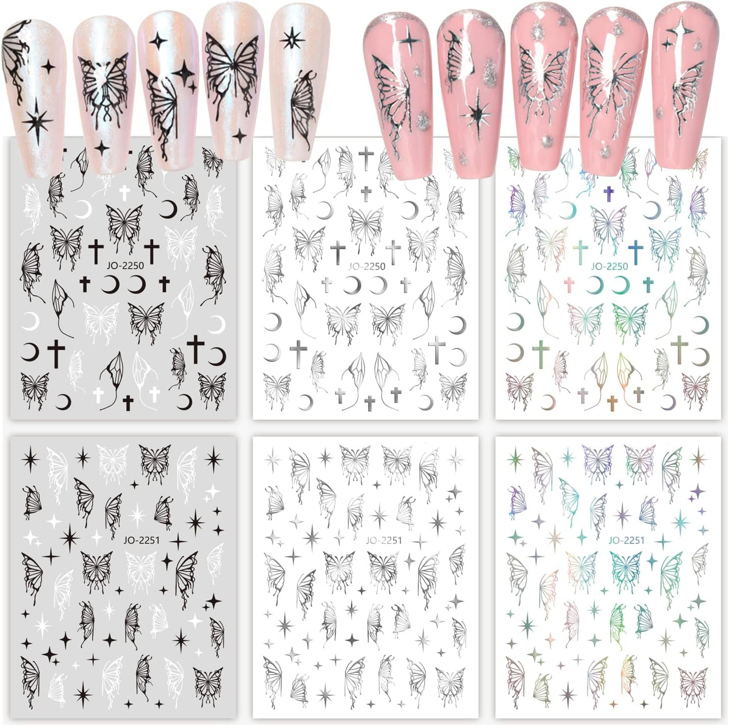 Butterfly Nail Art Sticker Decals, Laser Silver Black White Butterflies Nail Sel
