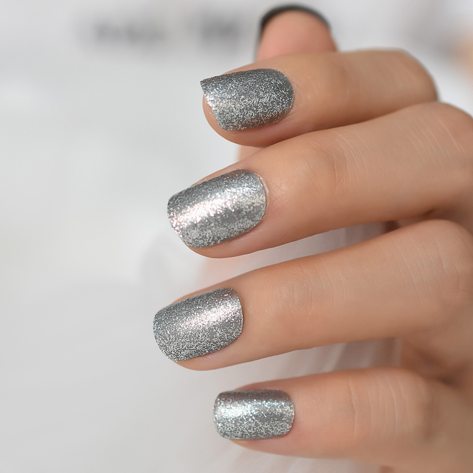 Silver Glitter Short Square Press On Nails – Glue On False Set – 24 pieces Kit