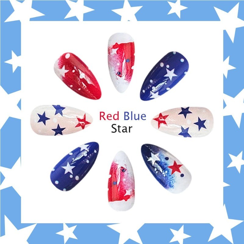 48p-4th of July Press on Nails with Ombre Red, White & Blue Star Accents, Glossy