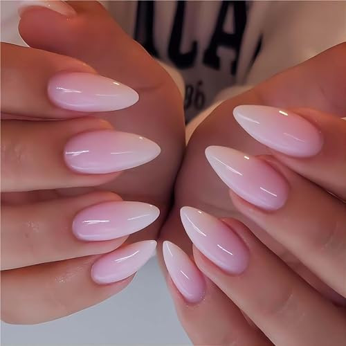 Ombre From Pearly White to Pink Press on Nails Medium Almond Glossy Ombre Pink