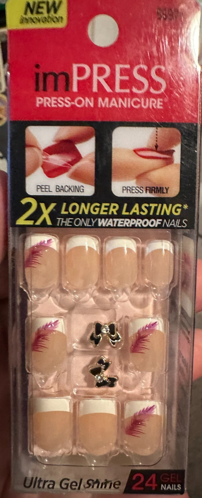 Impress Gel Manicure Press on Nails Short French Tip pink feather black bow
