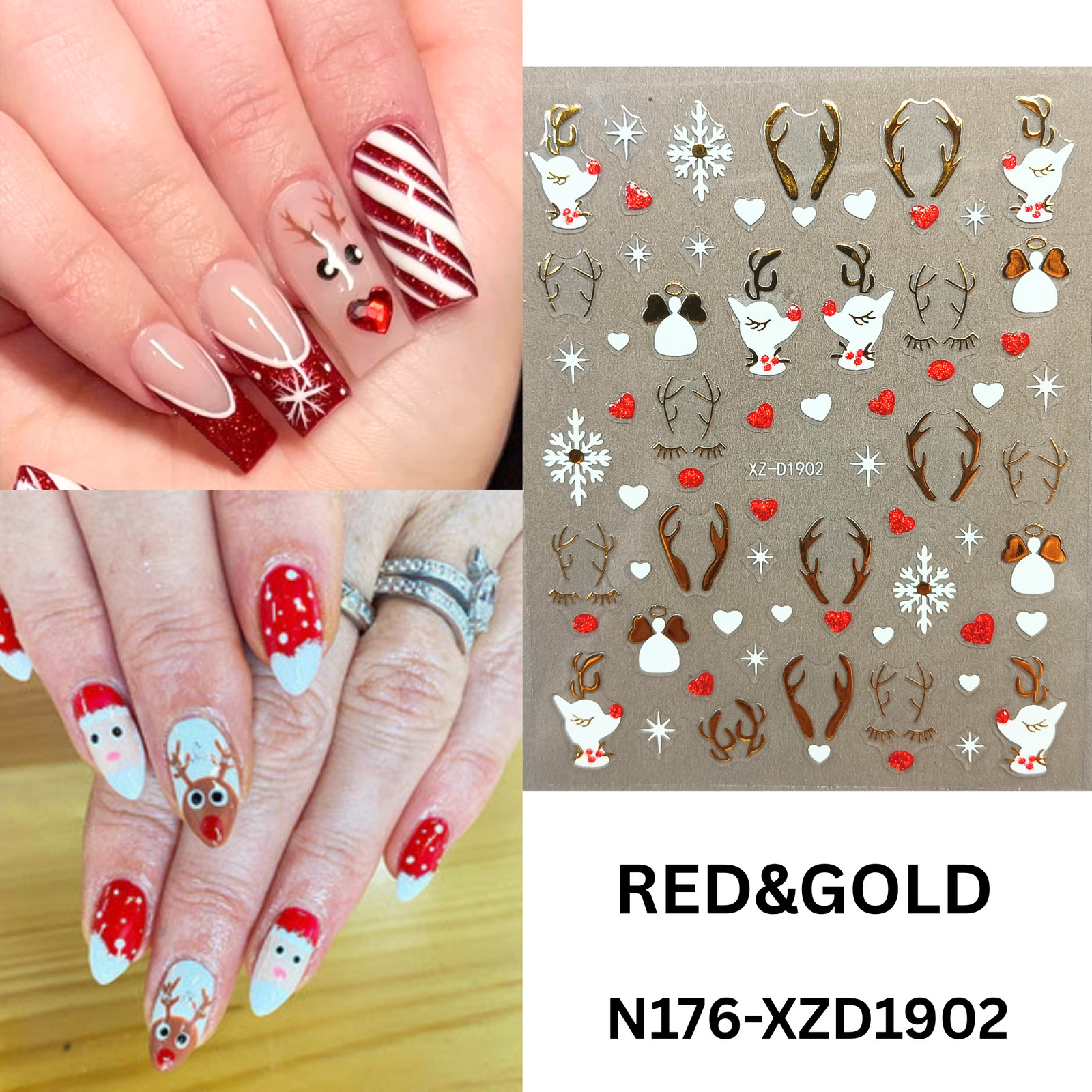 Set of 12 Christmas 3D Nail Decals – Holiday Reindeer, Candy Cane, Santa & Snowf