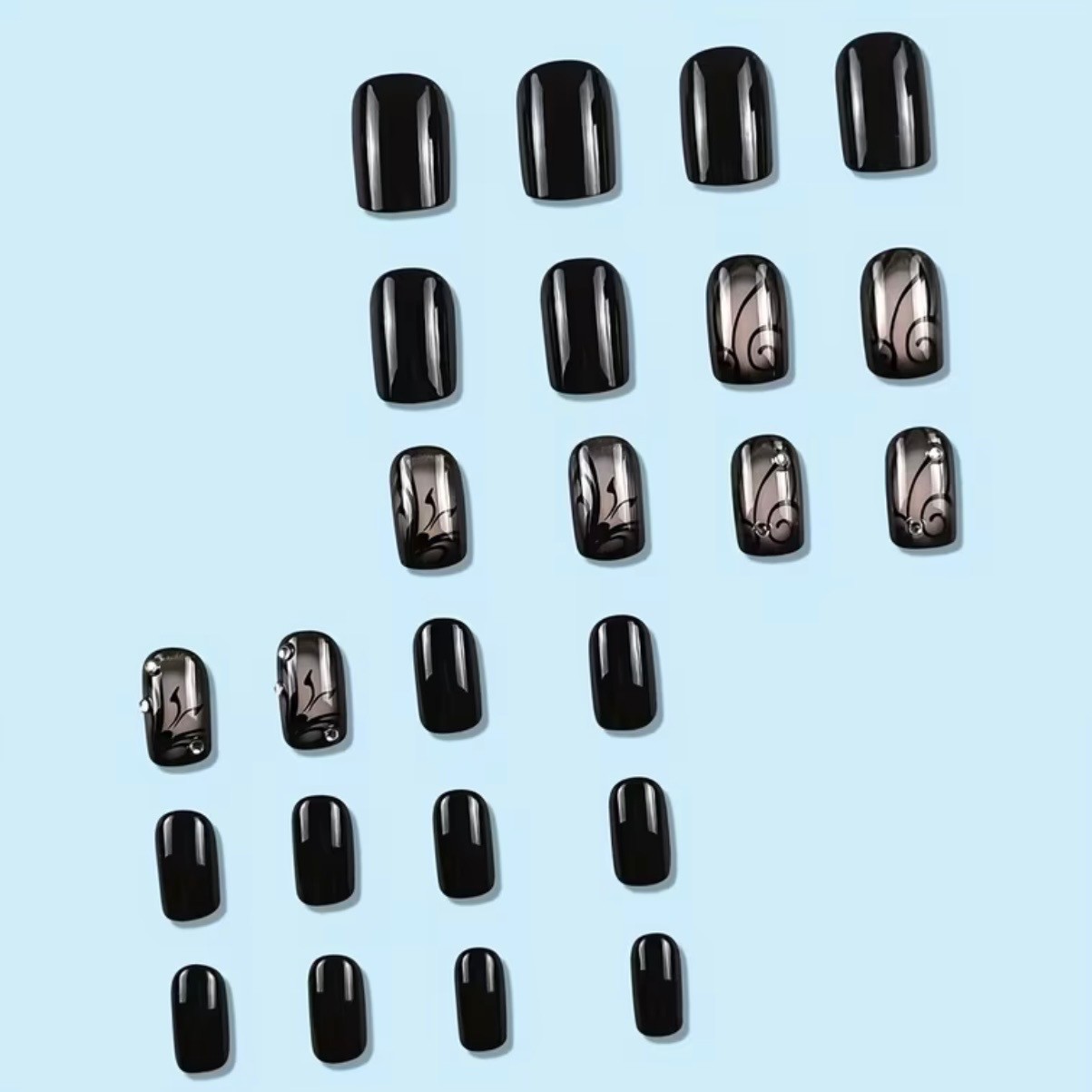 24 pcs Black Swirls on Nude w Rhinestones Medium Length Square Press on Nails