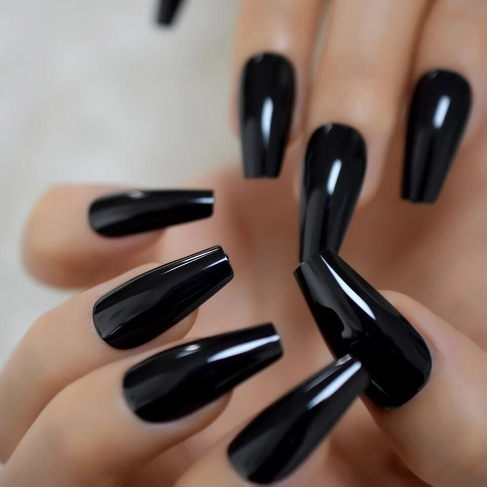 New 24 Press On Nails Kit w glue Black long coffin goth glossy