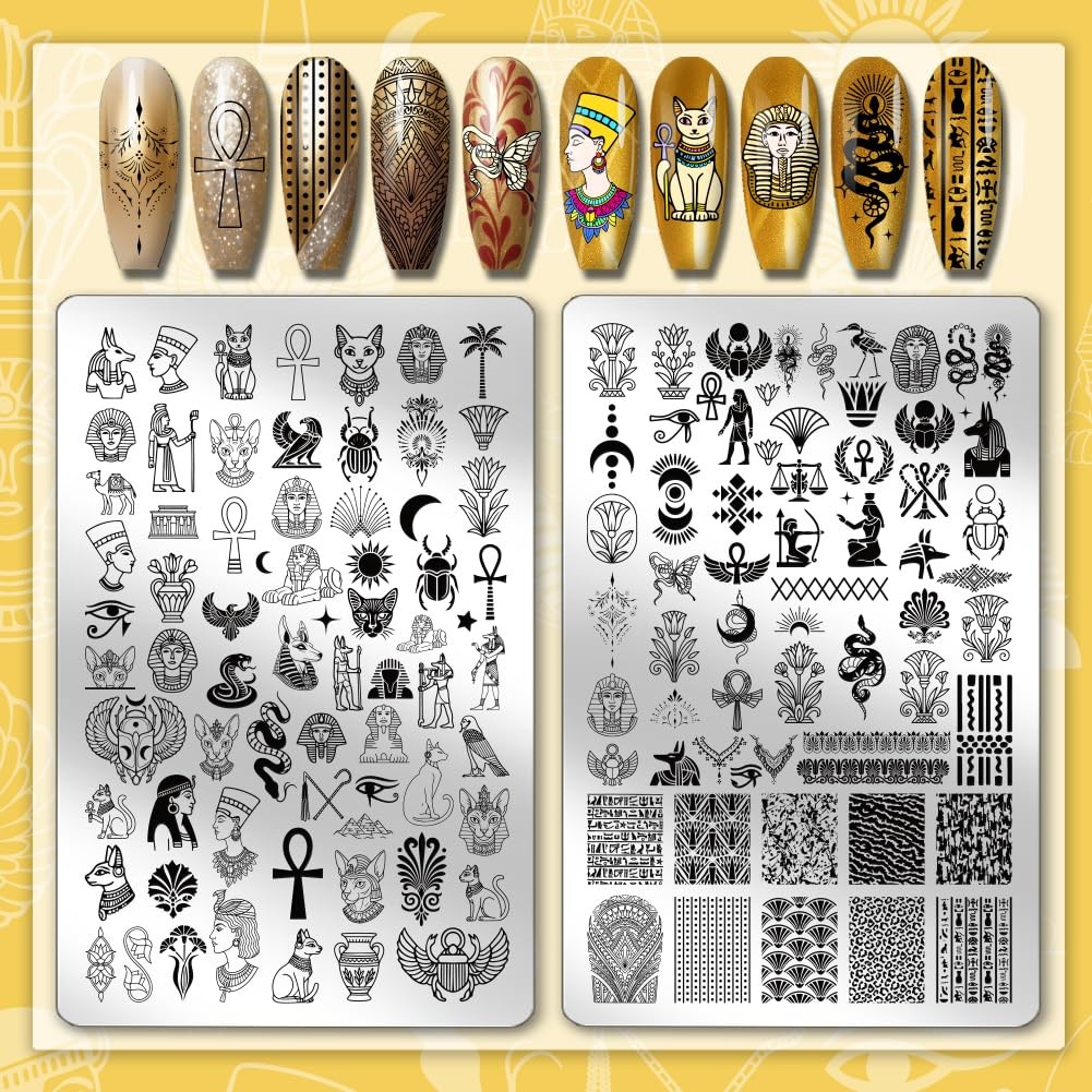 2pcs Egyptian Elements Nail Stamping Plates Cats Snakes Nails Art Stencils Ph…