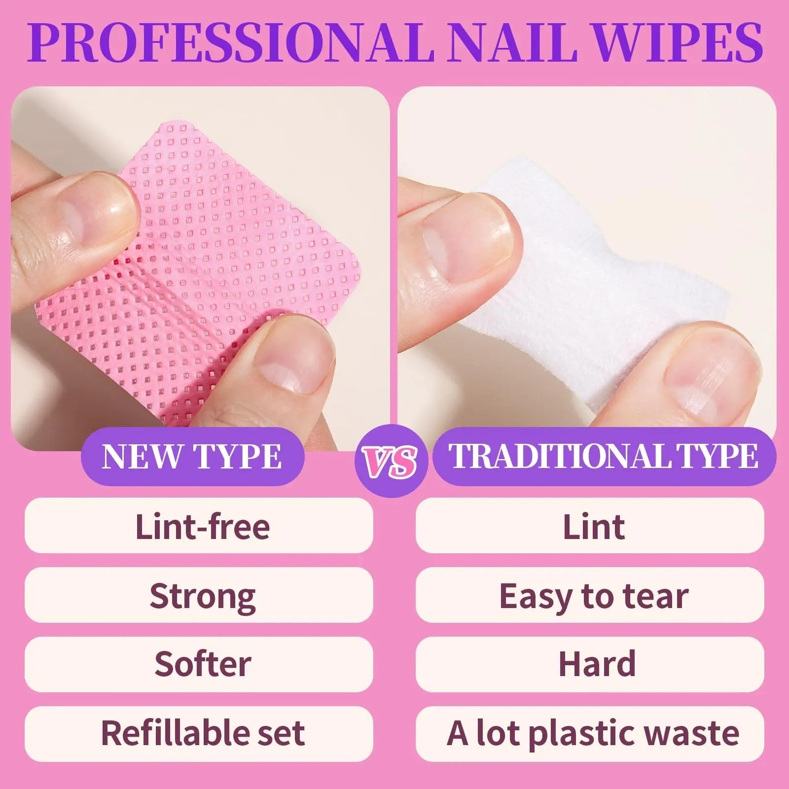 Lint Free Nail Pads – 200 Pcs Gel Cleaning Wipes for Salon Use – Pink