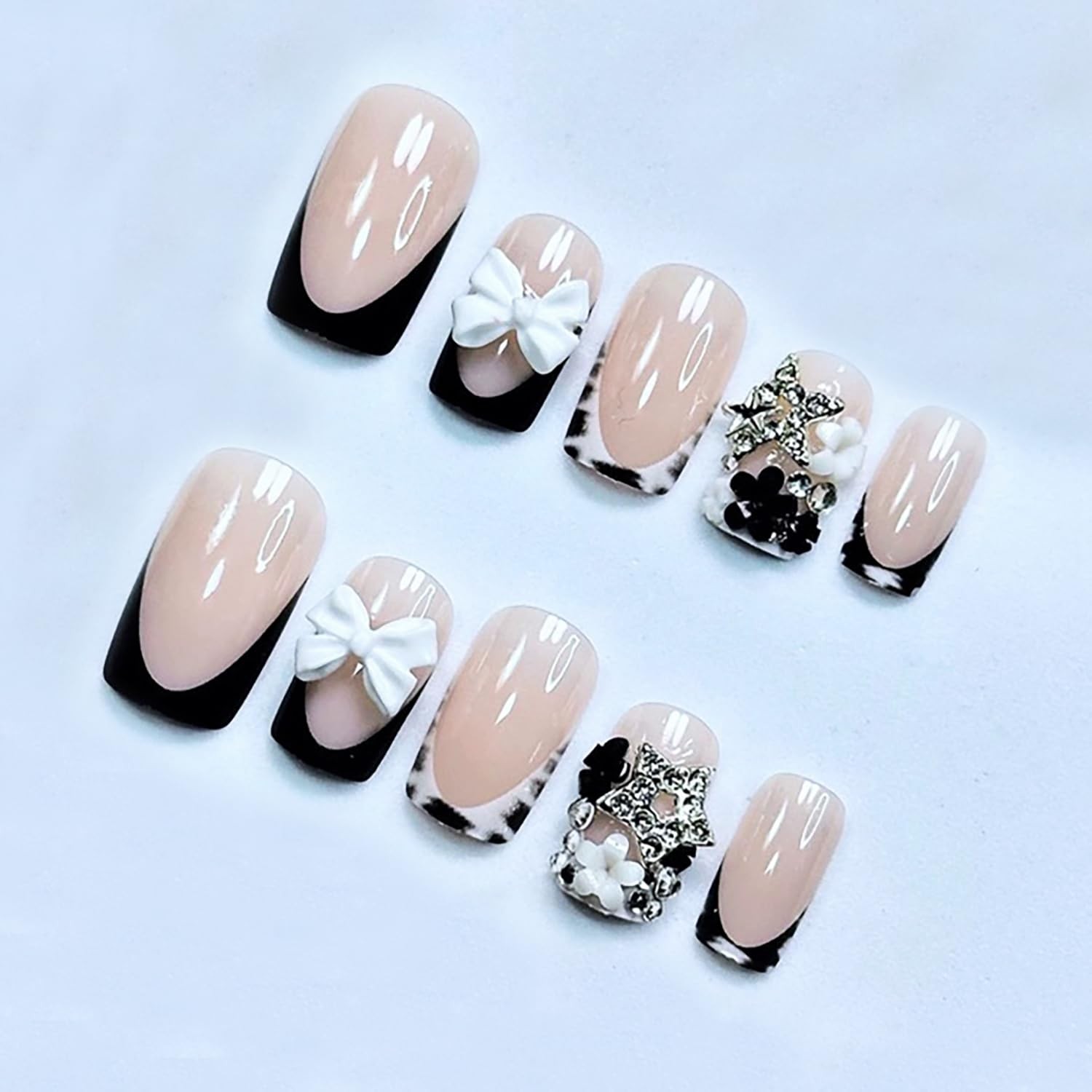 24pcs Black French Tip Press on Nails Short Square Bow Fake Nails with 3D Bla…