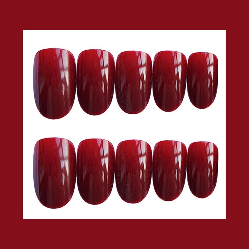 48pcs-Medium Almond Press on Nails, Glossy Burgundy Red Solid Color Fake Nails