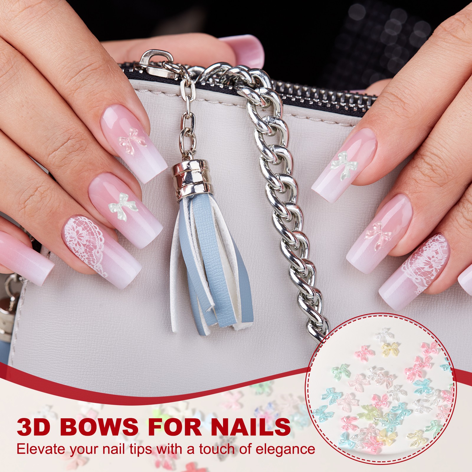 Nail Bows 3D Flowers for Nails for DIY Manicure 60Pcs White/Pink/Sheer Pink Set