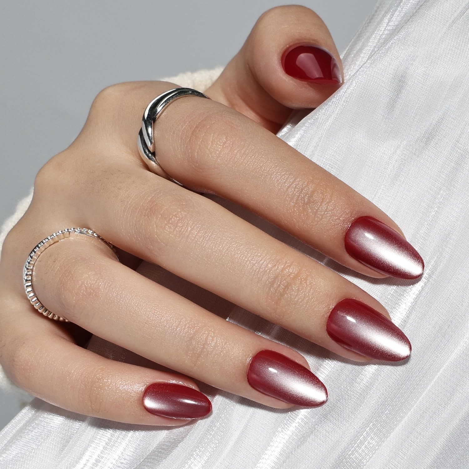 WiniBeauty Red Cat Eye Press On Nails – Burgundy Short Almond Fake Nails | Da…