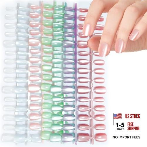 210pcs Cat Eye Press on Nails – 7 Colors Macaroon Short Square Fake Nail